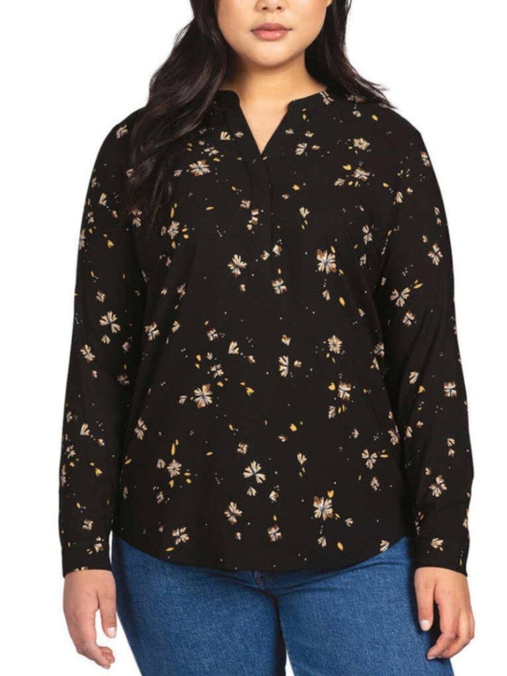 Hilary Radley Women's V-Neck Floral Blouse Black Long Sleeve Size M